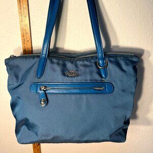 COACH Nylon & Leather Teal Zip Closure Shoulder Tote 35500